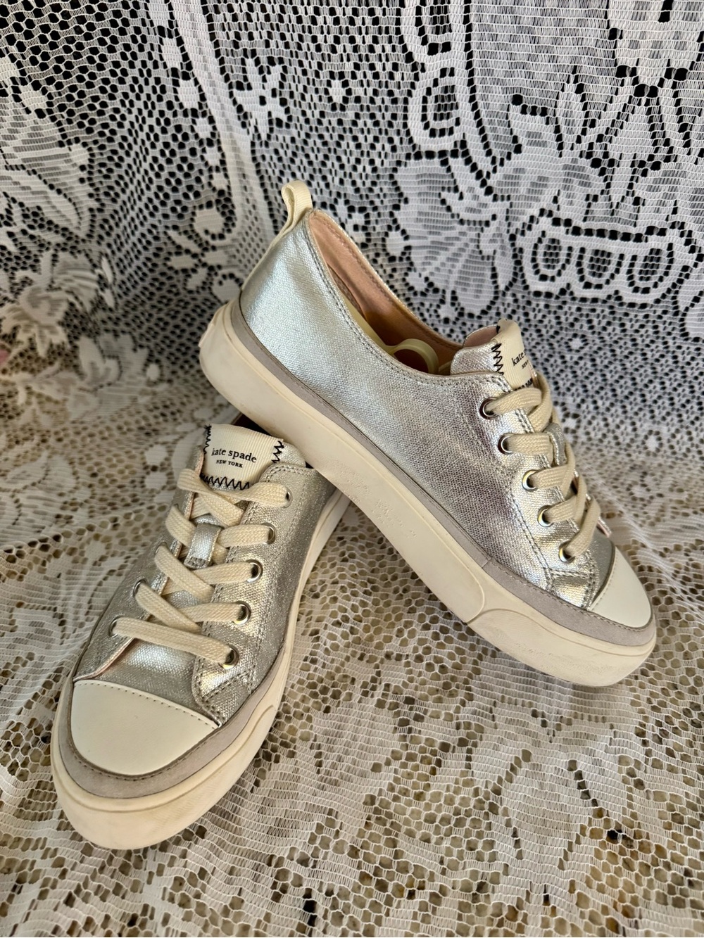 Kate Spade Leather & Silver Metallic Canvas Sneakers. Size 7